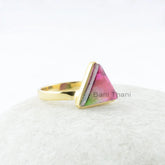 Triangle Bio Tourmaline Doublet Quartz 11mm Gemstone Ring - 925 Sterling Silver Gold Plated Ring - Gift for Her - Statement Ring for Women
